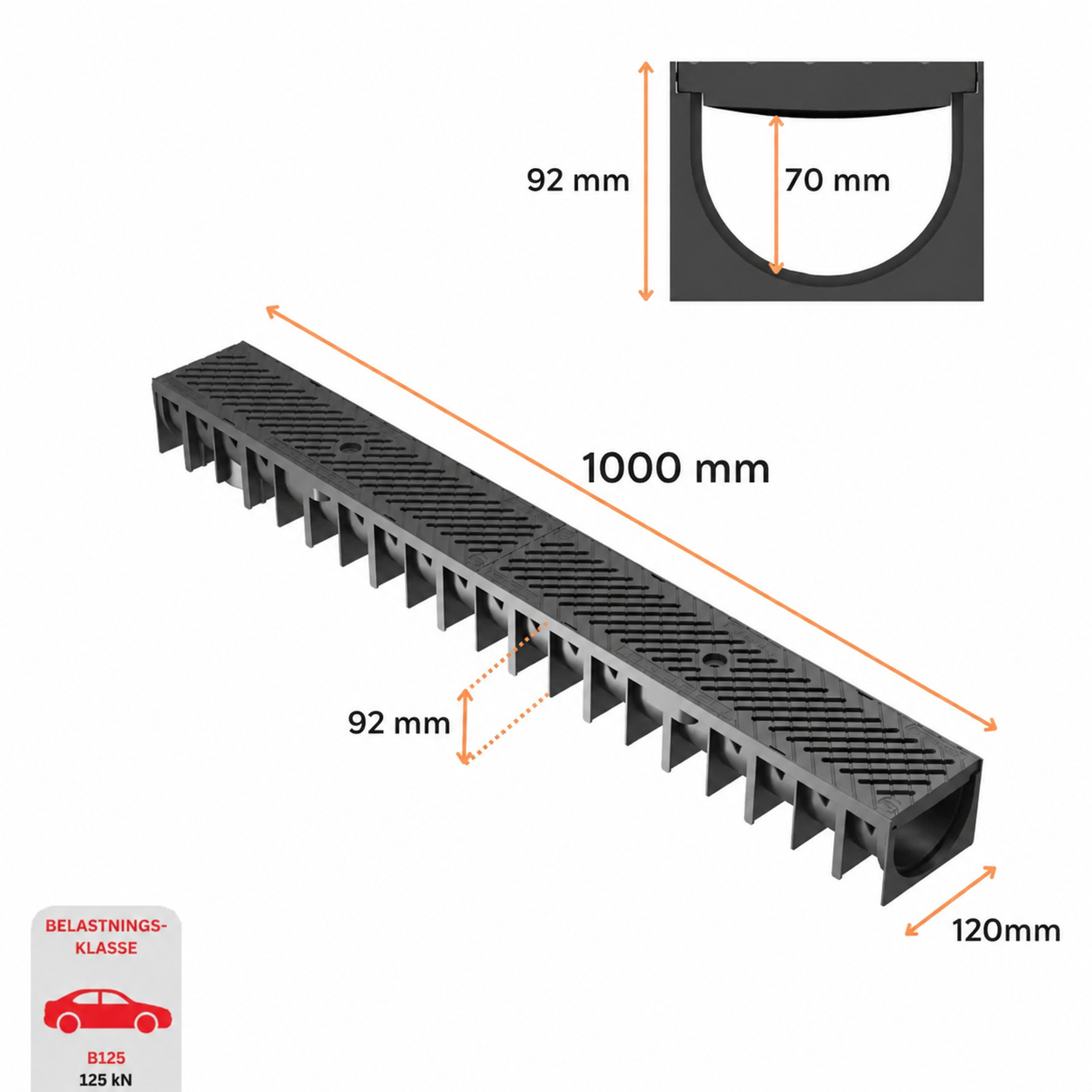 Dreneringsrenne Axhell ForU 70 B125 med svart komposittrist – 1 meter - Bilde 3