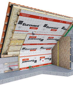 Eurovent CLIMA X dampbrems montert i isolert skråtak og knevegg på loft.